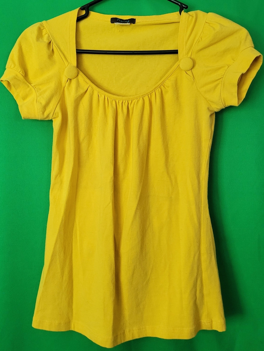 Timing Yellow Crew Neck Junior Sz M Cap Sleeve Button Vtg Y2k Stretchy Blouse